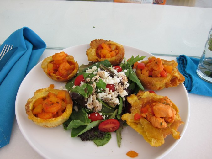 Chicken and shrimp tostones rellenos