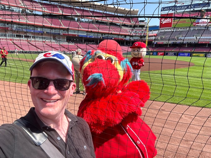 Meeting the mascots at a Cincinnati Reds game at Great American Ballpark