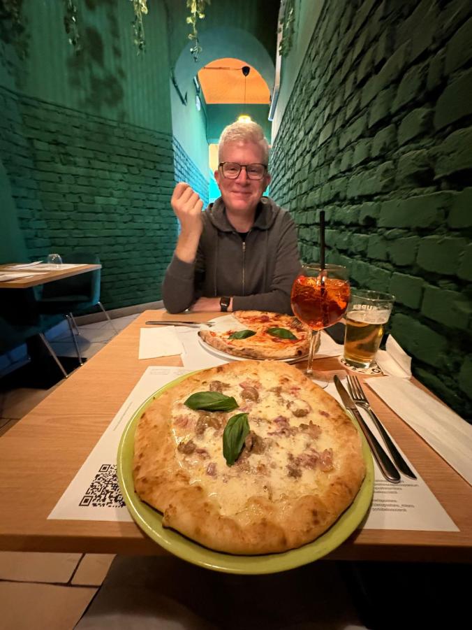 One of many pizza dinners in Milan, Italy