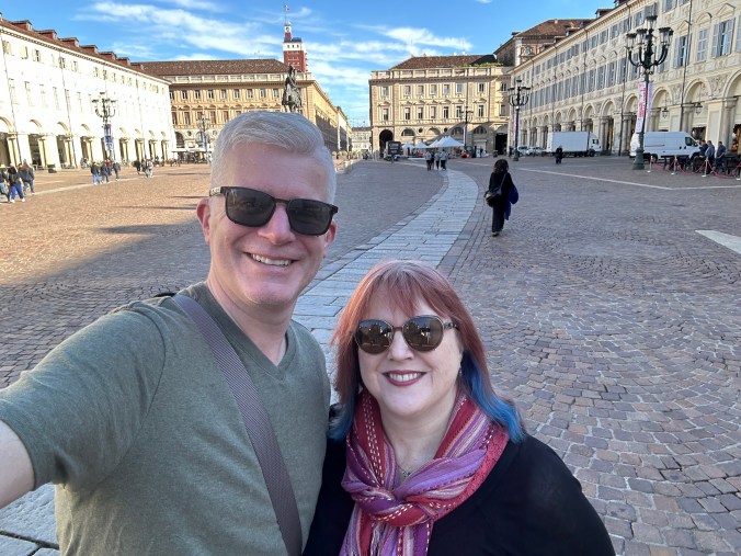 Us in Piazza Castello in Turin, Italy