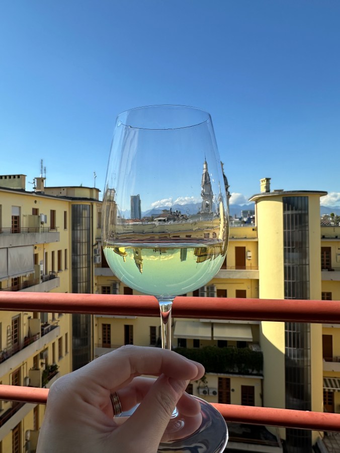 Wine on our deck in Turin, Italy