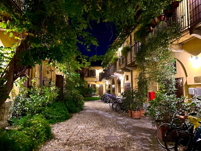 An inner courtyard at night in Milan, Italy