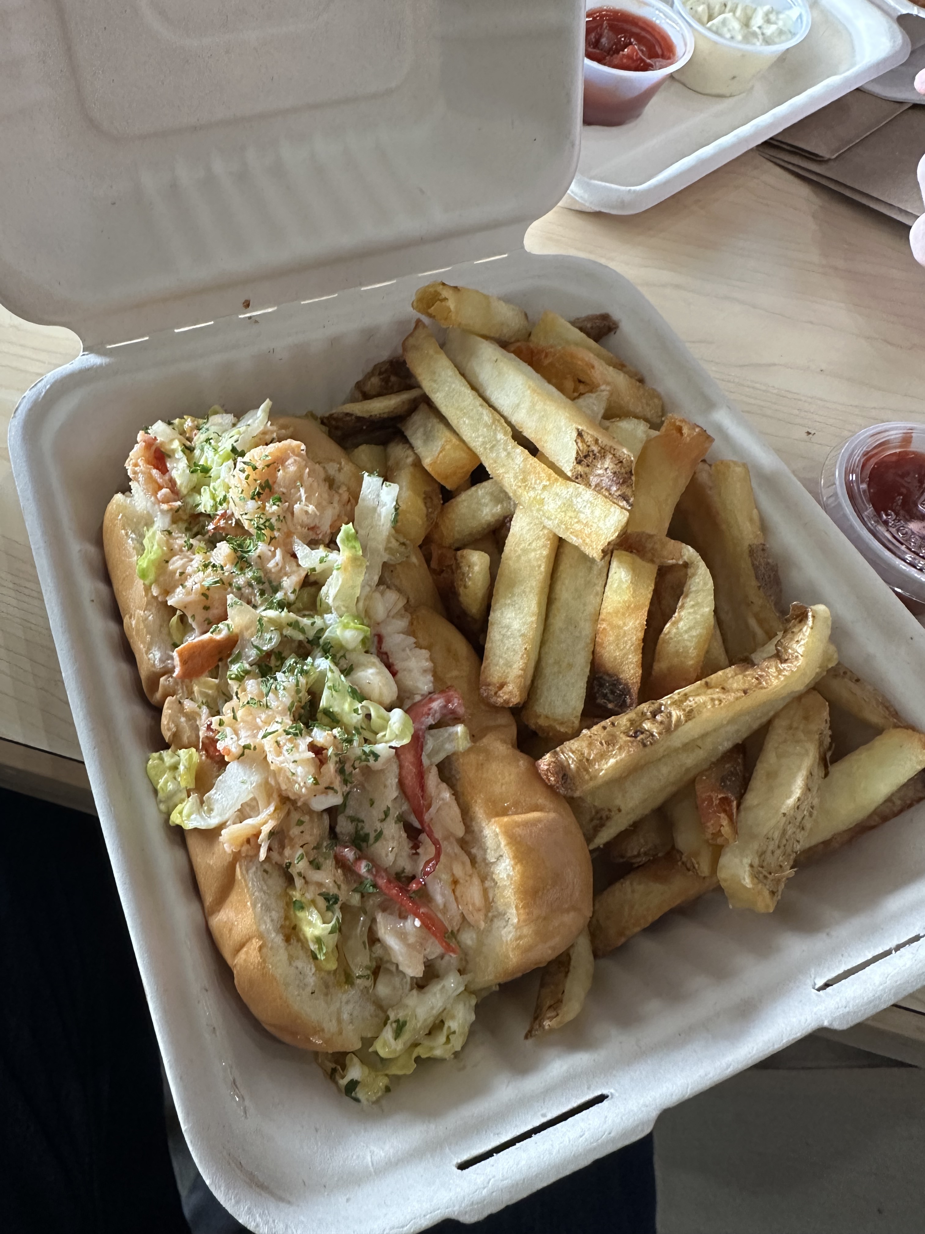 Lobster roll and fries at Evans Seafood in Dartmouth, NS