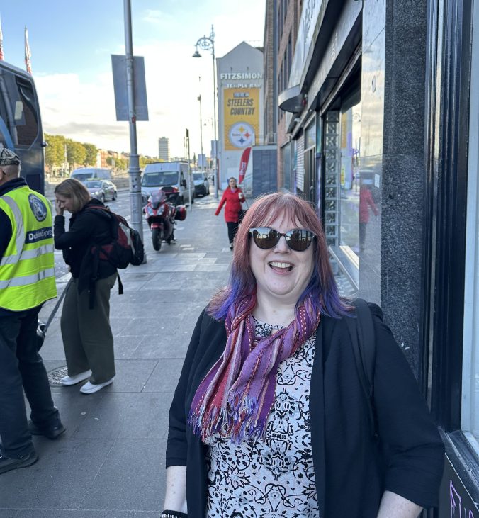 My wife, moments after arriving in central Dublin, outside a Steelers bar