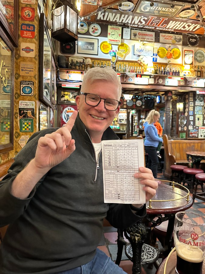 Winning Yahtzee at the Duke of York pub in Dublin