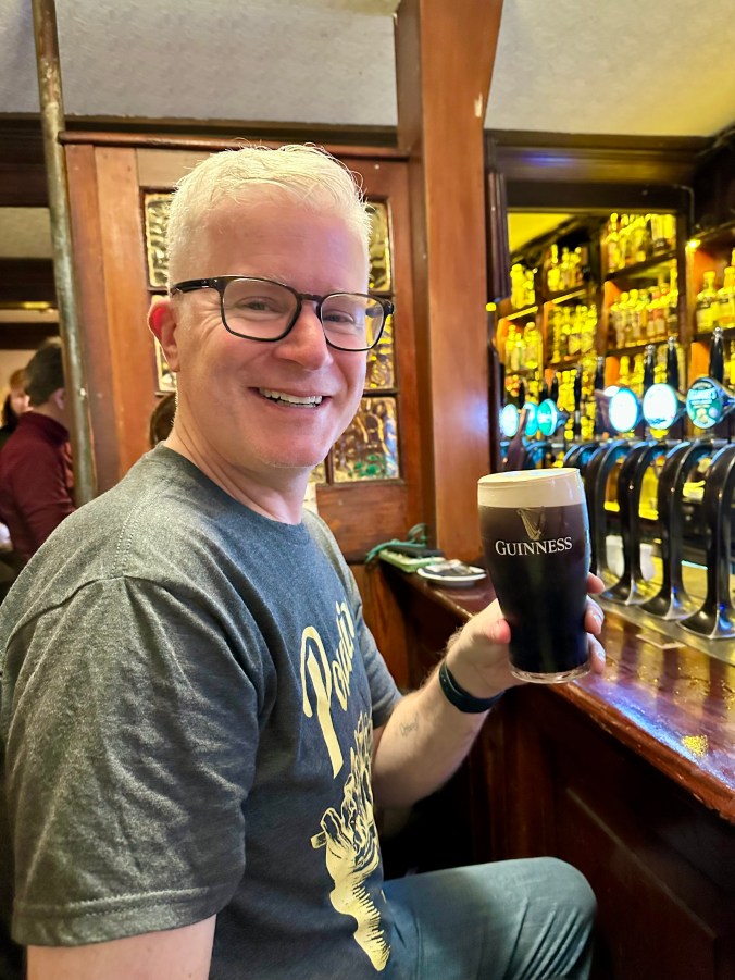 Enjoying a pint at Garavan's Bar in Galway, Ireland