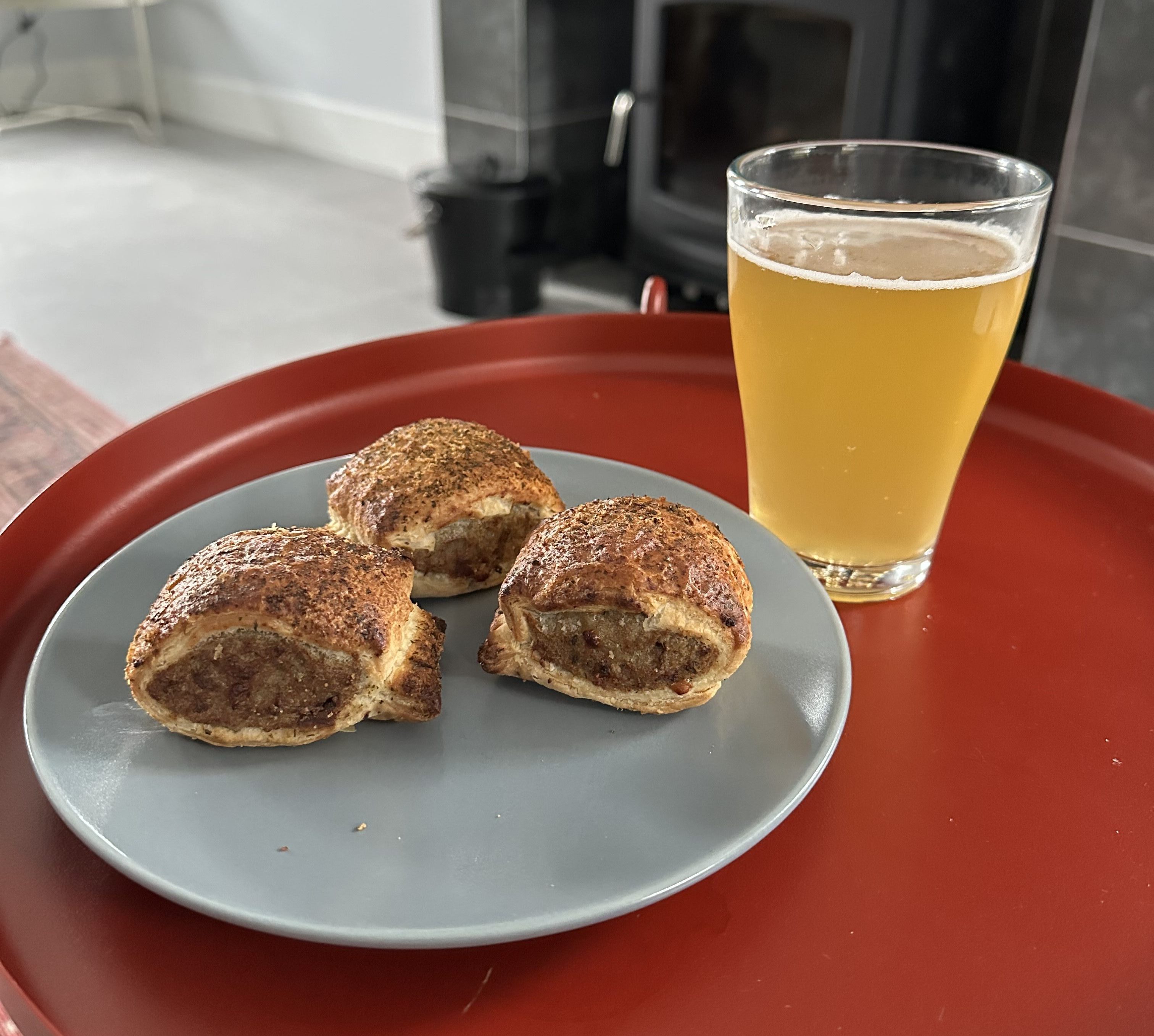 Sausage pies and a pint of craft beer in Derrylahan, Ireland